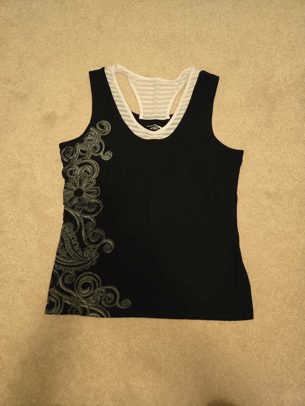 MTA Sport Black Layered Racerback Tank with Gray Floral Swirl